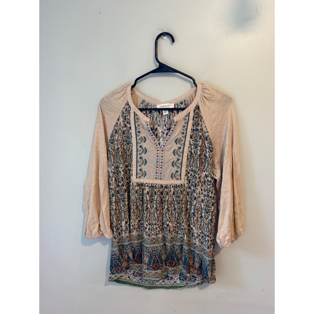 Vintage America Women Floral Boho Peasant Top Beige Blue Pink 3/4 Sleeve M